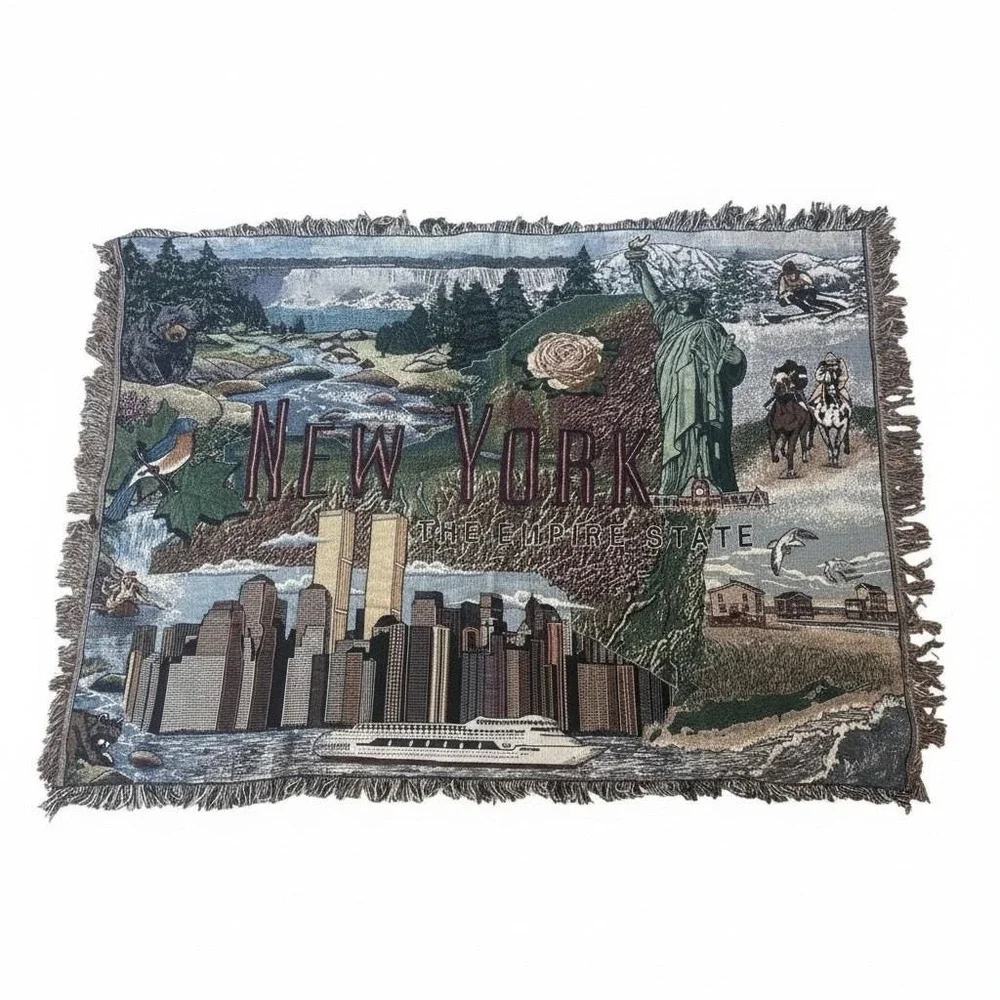 New York Vintage Tapestry Blanket Throw Twin Towers Statue Of Liberty Fringe